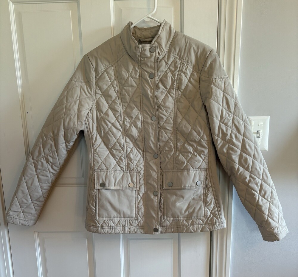 A New Day Jacket Womens Medium Beige Quilted Puffer Full Zip Snap Pockets